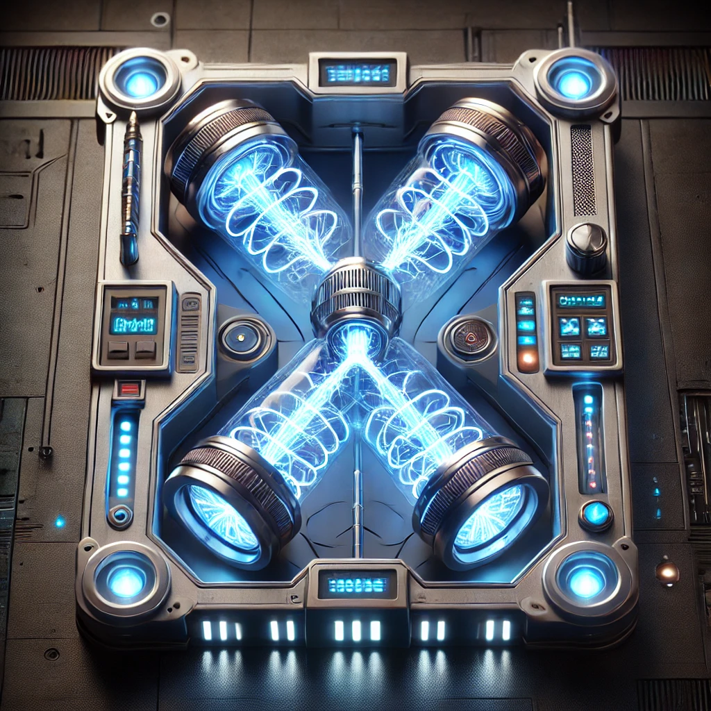 Illustration of the NumiFlux flux generator: glowing energy coils in an X-shaped housing