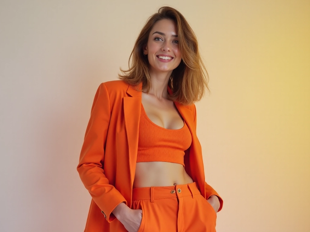 Campaign image: model in an orange suit, warm studio lighting
