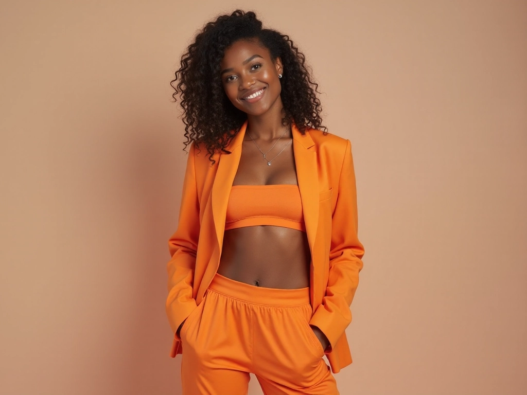 Campaign image: model in an orange suit against a peach backdrop